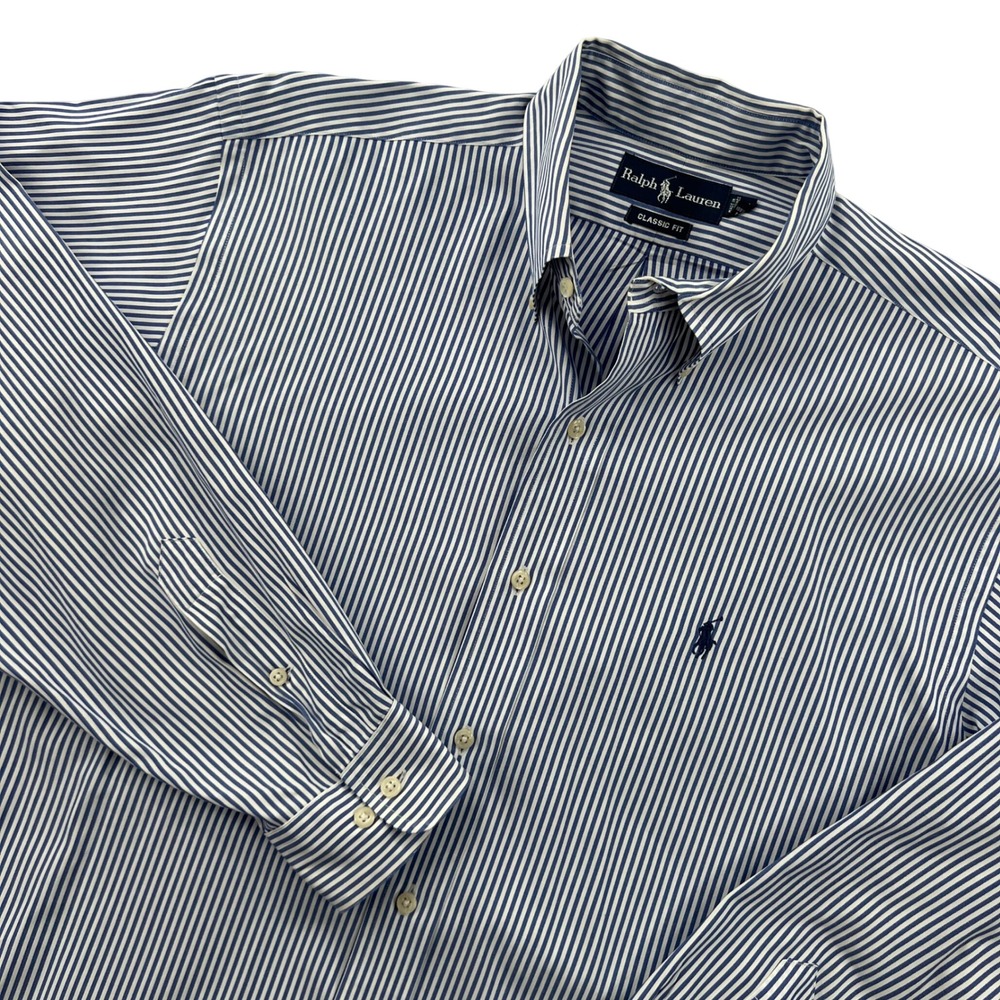 Ralph Lauren Button Down Shirt Men 16.5 XL Blue White Bengal Stripe Ivy Prep L/S